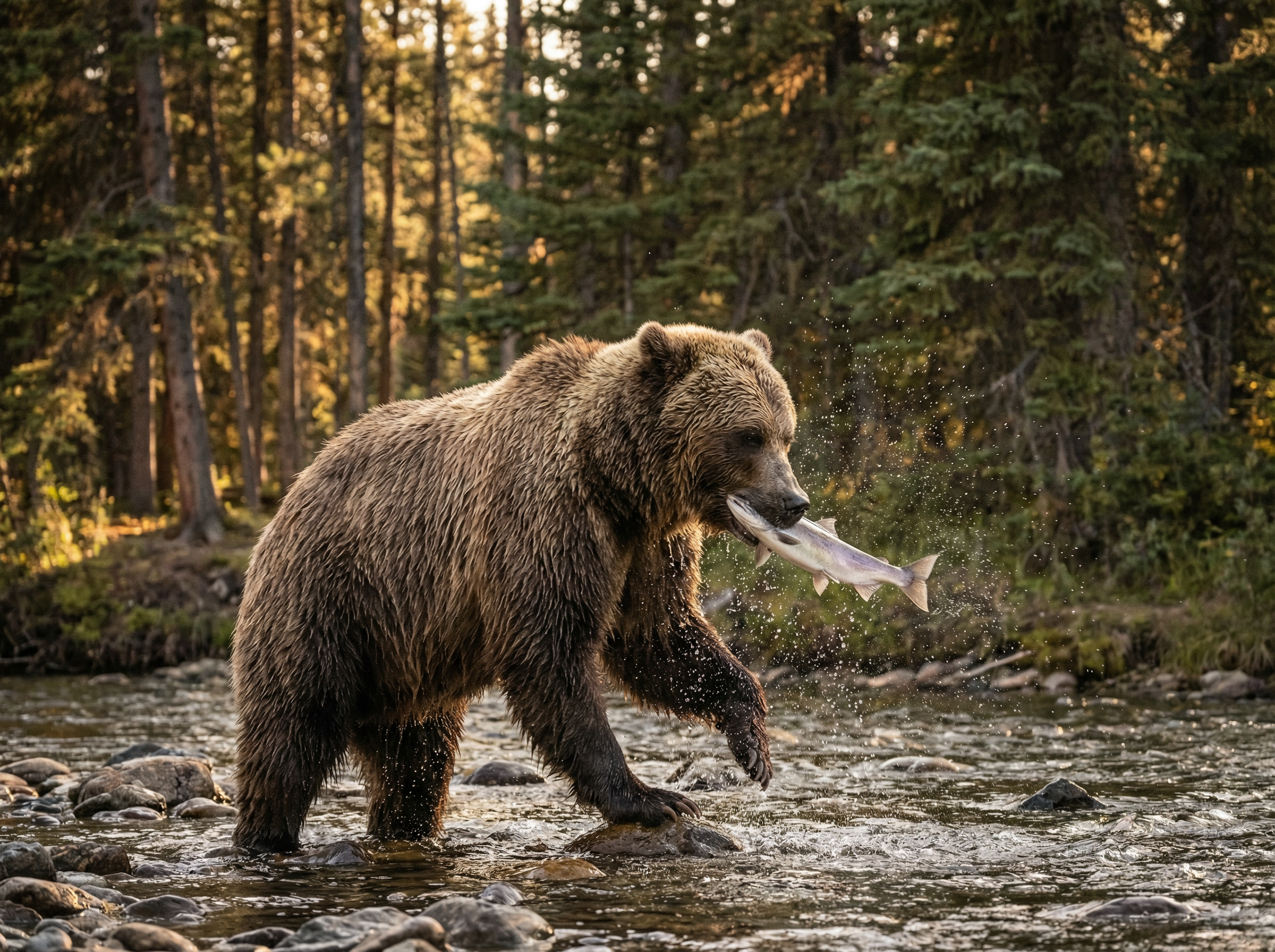 加拿大28预测 - 荒野中的灰熊捕鱼